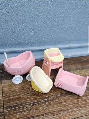 4 pc Vintage Little Tikes Baby Stroller Crib Car Seat High Chair Set Pink Yellow